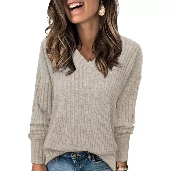 imageATHMILE Womens V Neck Sweaters Long Sleeve Shirts Lightweight Sweatshirts Trendy Fall TopsApricot