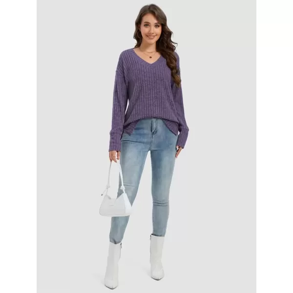imageATHMILE Womens V Neck Sweaters Long Sleeve Shirts Lightweight Sweatshirts Trendy Fall TopsPurple
