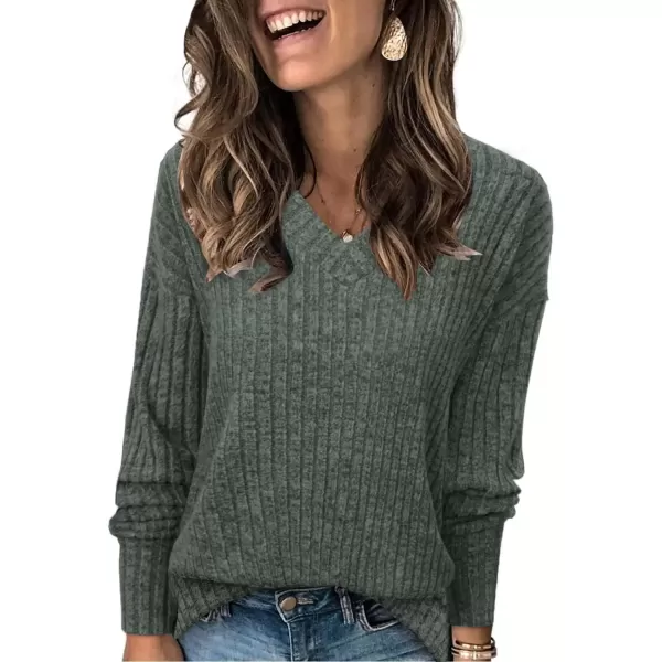 imageATHMILE Womens V Neck Sweaters Long Sleeve Shirts Lightweight Sweatshirts Trendy Fall TopsGreen