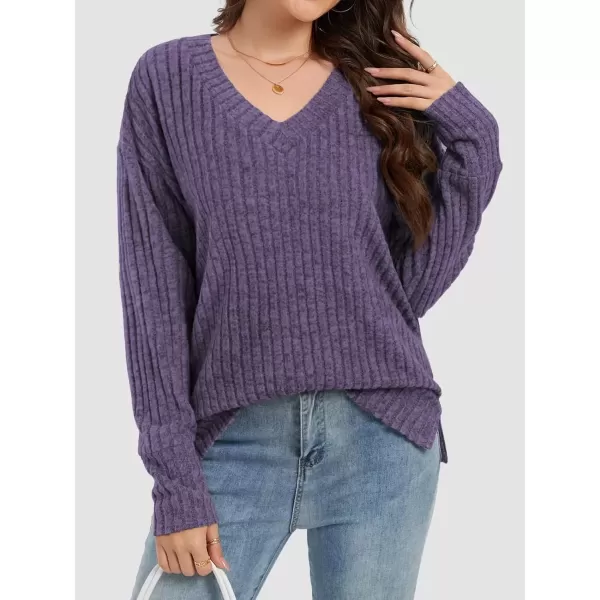 imageATHMILE Womens V Neck Sweaters Long Sleeve Shirts Lightweight Sweatshirts Trendy Fall TopsPurple