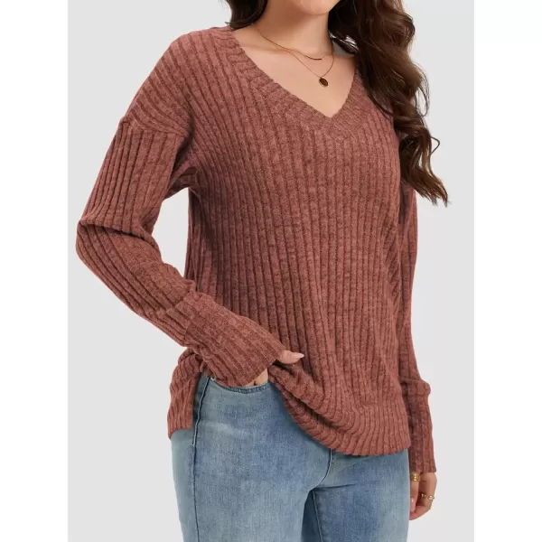 imageATHMILE Womens V Neck Sweaters Long Sleeve Shirts Lightweight Sweatshirts Trendy Fall TopsCaramel