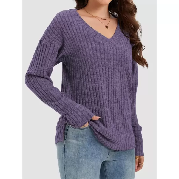 imageATHMILE Womens V Neck Sweaters Long Sleeve Shirts Lightweight Sweatshirts Trendy Fall TopsPurple