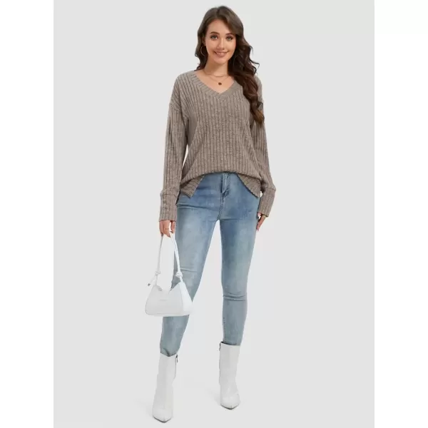 imageATHMILE Womens V Neck Sweaters Long Sleeve Shirts Lightweight Sweatshirts Trendy Fall TopsKhaki