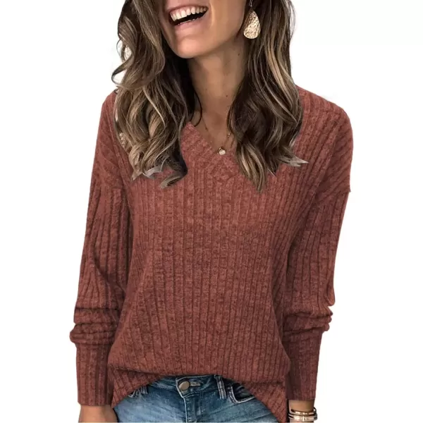 imageATHMILE Womens V Neck Sweaters Long Sleeve Shirts Lightweight Sweatshirts Trendy Fall TopsCaramel
