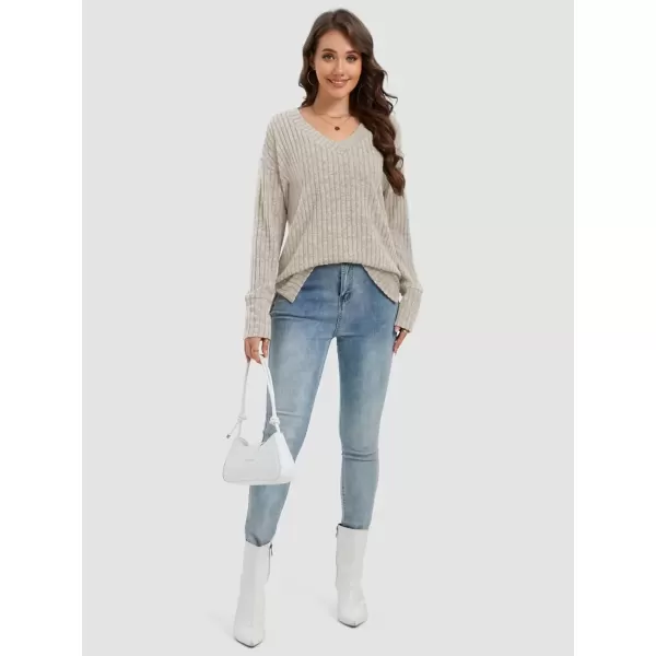imageATHMILE Womens V Neck Sweaters Long Sleeve Shirts Lightweight Sweatshirts Trendy Fall TopsApricot