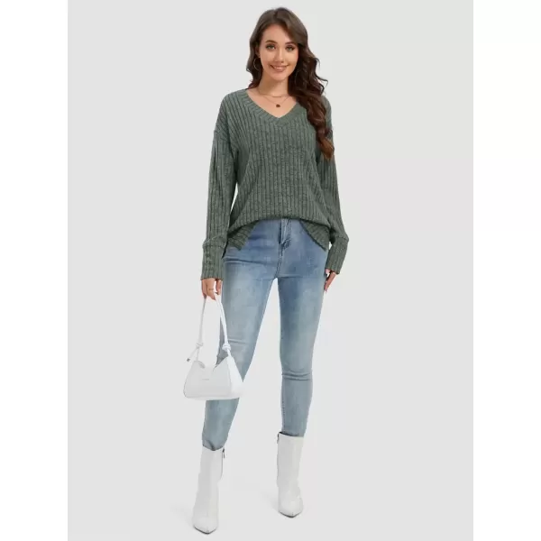 imageATHMILE Womens V Neck Sweaters Long Sleeve Shirts Lightweight Sweatshirts Trendy Fall TopsGreen