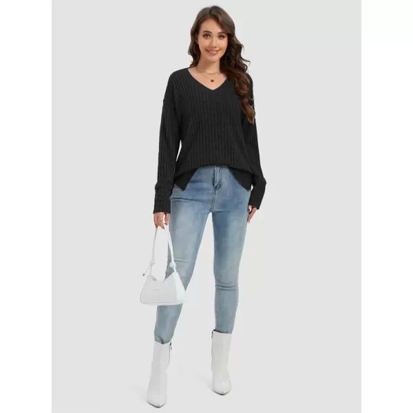 imageATHMILE Womens V Neck Sweaters Long Sleeve Shirts Lightweight Sweatshirts Trendy Fall TopsBlack