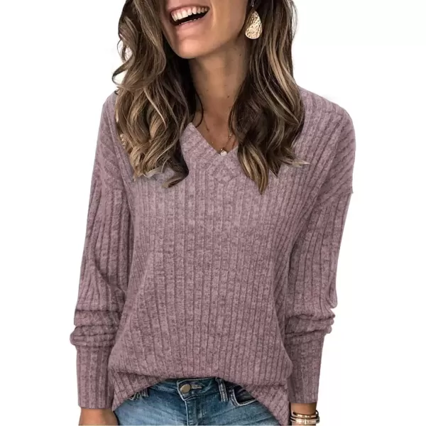 imageATHMILE Womens V Neck Sweaters Long Sleeve Shirts Lightweight Sweatshirts Trendy Fall TopsDark Pink