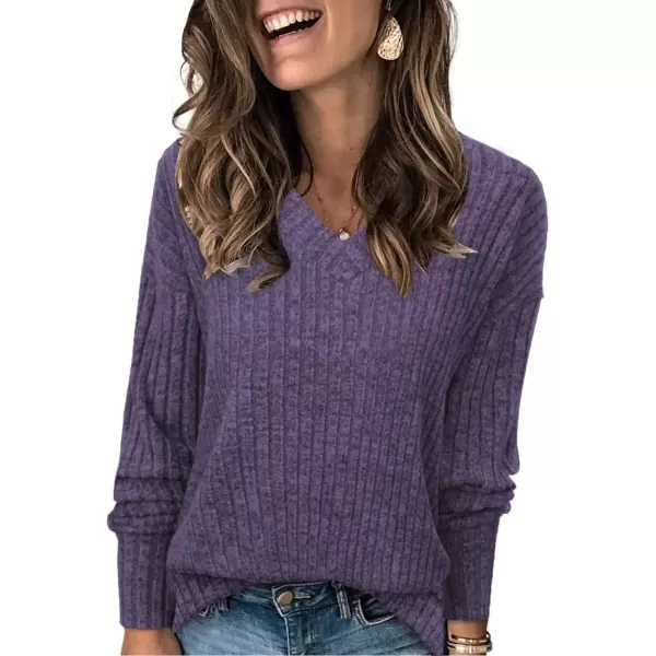 imageATHMILE Womens V Neck Sweaters Long Sleeve Shirts Lightweight Sweatshirts Trendy Fall TopsPurple