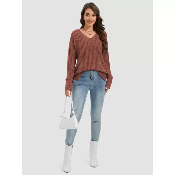 imageATHMILE Womens V Neck Sweaters Long Sleeve Shirts Lightweight Sweatshirts Trendy Fall TopsCaramel