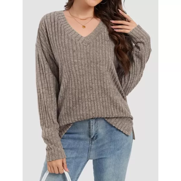 imageATHMILE Womens V Neck Sweaters Long Sleeve Shirts Lightweight Sweatshirts Trendy Fall TopsKhaki