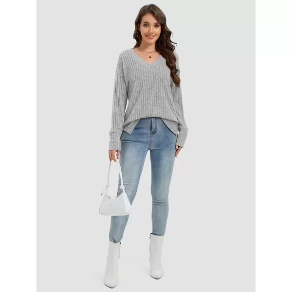 imageATHMILE Womens V Neck Sweaters Long Sleeve Shirts Lightweight Sweatshirts Trendy Fall TopsGrey