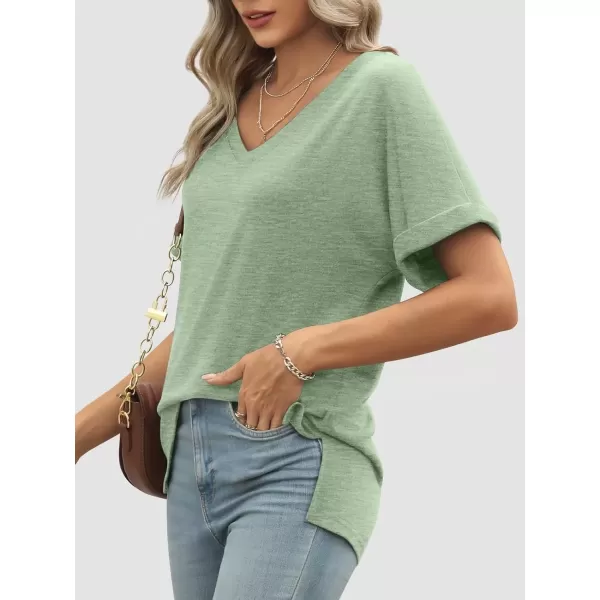 imageATHMILE Womens V Neck T Shirts Casual Rolled Short Sleeve Side Split Summer Tops Loose FitLightgreen