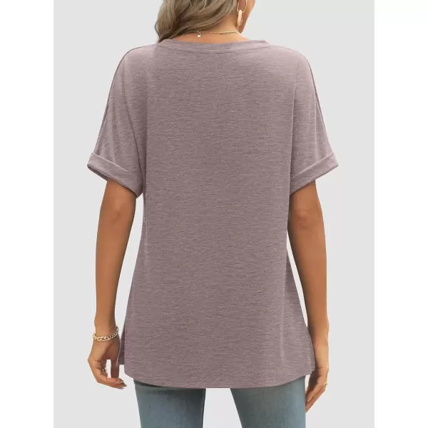 imageATHMILE Womens V Neck T Shirts Casual Rolled Short Sleeve Side Split Summer Tops Loose FitGreypurple