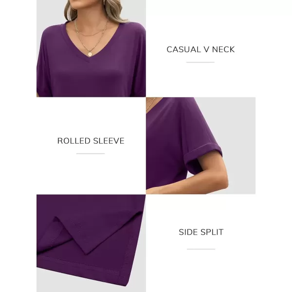 imageATHMILE Womens V Neck T Shirts Casual Rolled Short Sleeve Side Split Summer Tops Loose FitDarkpurple