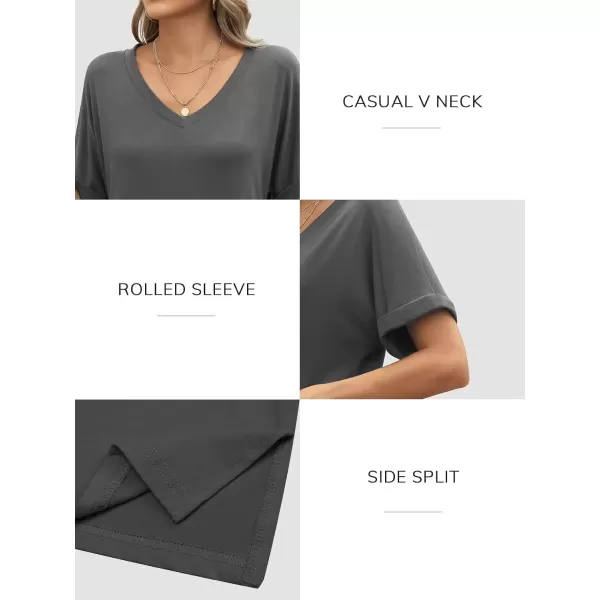 imageATHMILE Womens V Neck T Shirts Casual Rolled Short Sleeve Side Split Summer Tops Loose FitDarkgrey