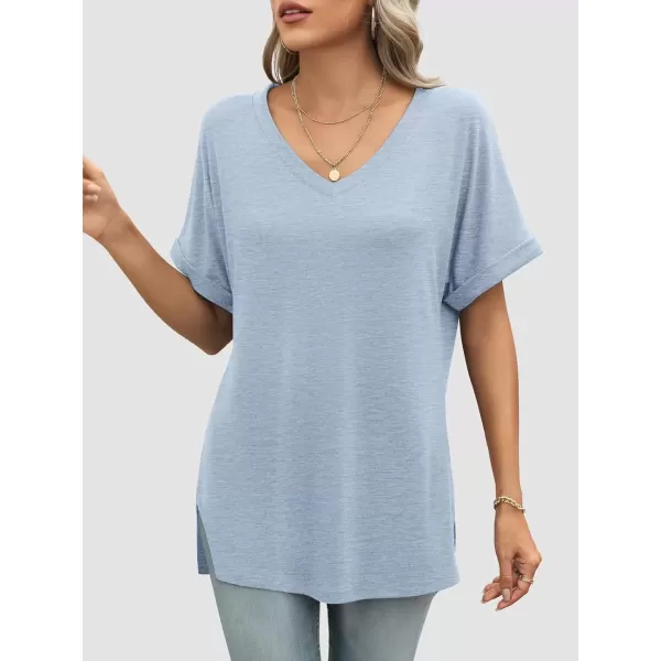 imageATHMILE Womens V Neck T Shirts Casual Rolled Short Sleeve Side Split Summer Tops Loose FitLightblue
