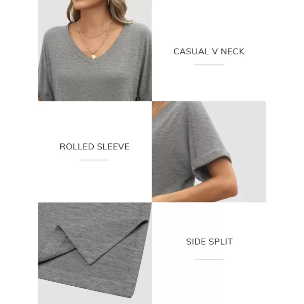 imageATHMILE Womens V Neck T Shirts Casual Rolled Short Sleeve Side Split Summer Tops Loose FitLightgrey