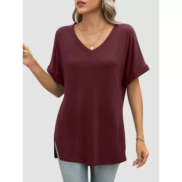 imageATHMILE Womens V Neck T Shirts Casual Rolled Short Sleeve Side Split Summer Tops Loose FitWinered