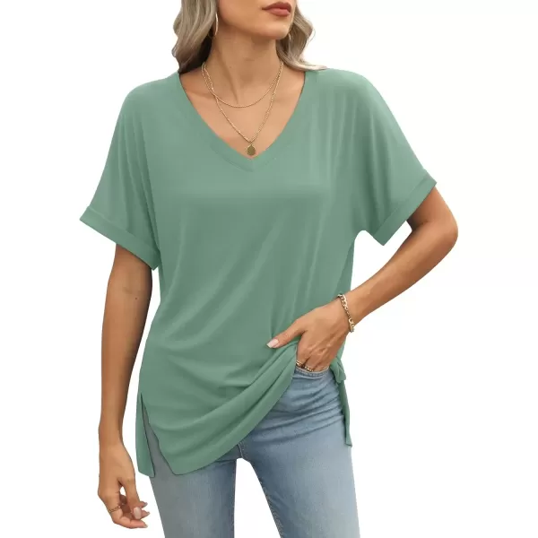 imageATHMILE Womens V Neck T Shirts Casual Rolled Short Sleeve Side Split Summer Tops Loose FitGreygreen