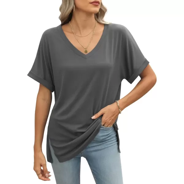 imageATHMILE Womens V Neck T Shirts Casual Rolled Short Sleeve Side Split Summer Tops Loose FitDarkgrey