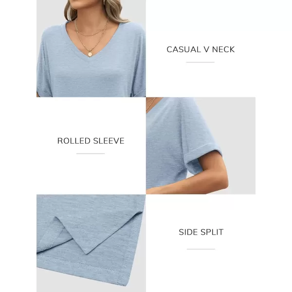imageATHMILE Womens V Neck T Shirts Casual Rolled Short Sleeve Side Split Summer Tops Loose FitLightblue