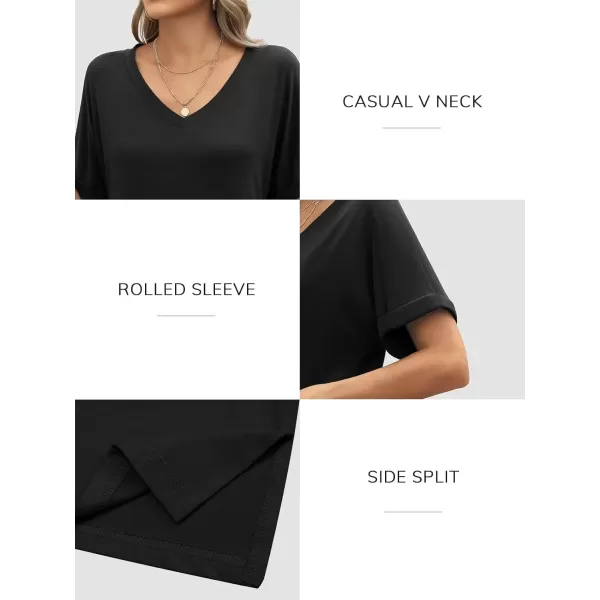 imageATHMILE Womens V Neck T Shirts Casual Rolled Short Sleeve Side Split Summer Tops Loose FitBlack