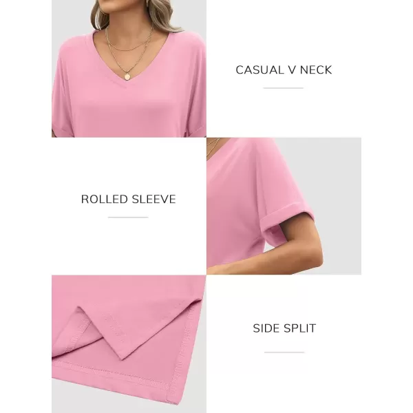 imageATHMILE Womens V Neck T Shirts Casual Rolled Short Sleeve Side Split Summer Tops Loose FitPink