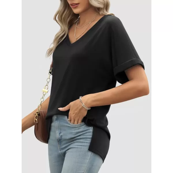 imageATHMILE Womens V Neck T Shirts Casual Rolled Short Sleeve Side Split Summer Tops Loose FitBlack