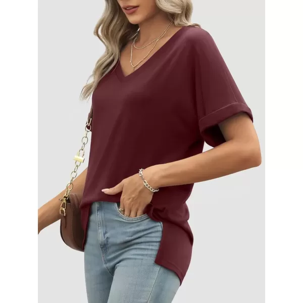 imageATHMILE Womens V Neck T Shirts Casual Rolled Short Sleeve Side Split Summer Tops Loose FitWinered