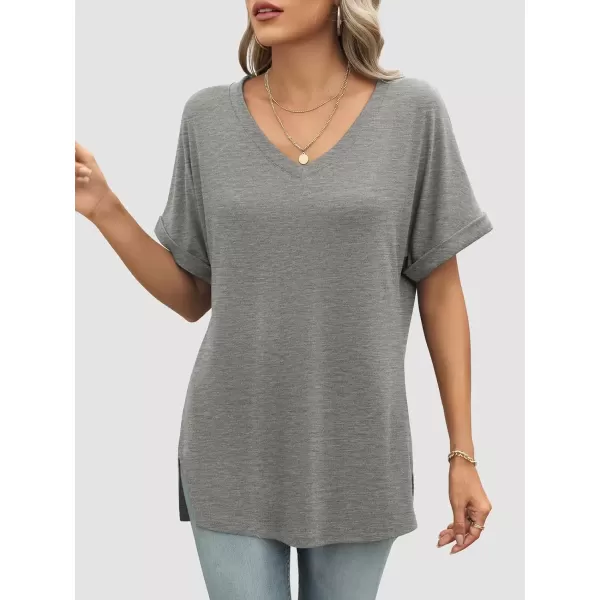 imageATHMILE Womens V Neck T Shirts Casual Rolled Short Sleeve Side Split Summer Tops Loose FitLightgrey