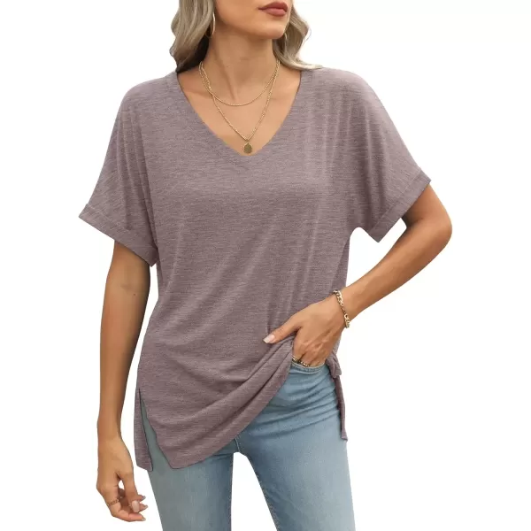 imageATHMILE Womens V Neck T Shirts Casual Rolled Short Sleeve Side Split Summer Tops Loose FitGreypurple