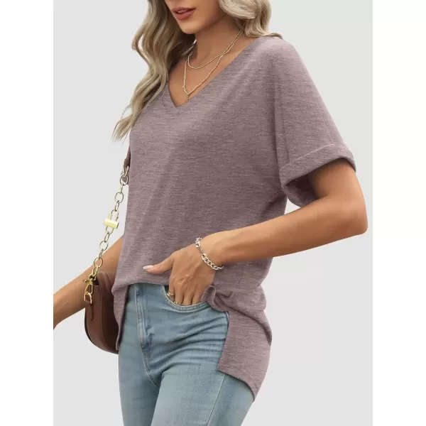 imageATHMILE Womens V Neck T Shirts Casual Rolled Short Sleeve Side Split Summer Tops Loose FitGreypurple