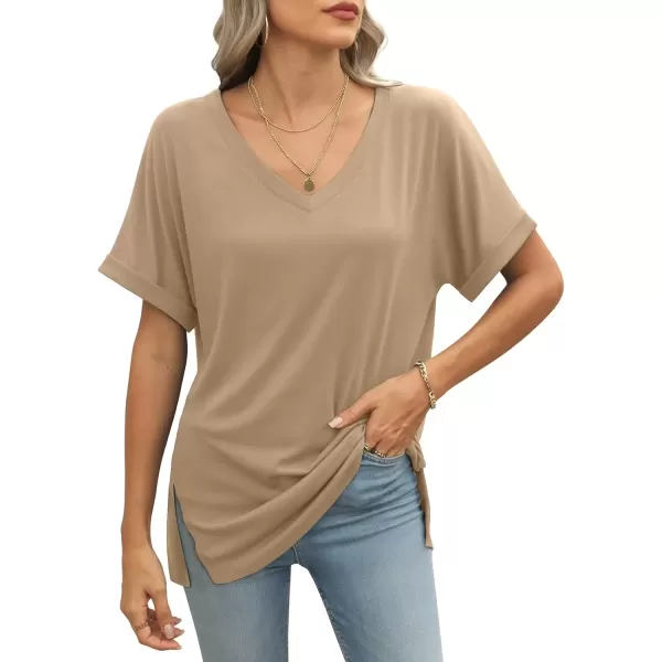 imageATHMILE Womens V Neck T Shirts Casual Rolled Short Sleeve Side Split Summer Tops Loose FitKhaki