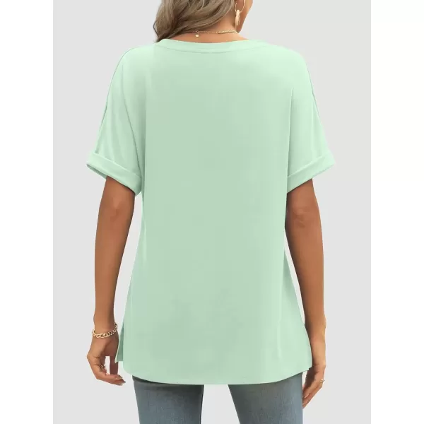 imageATHMILE Womens V Neck T Shirts Casual Rolled Short Sleeve Side Split Summer Tops Loose FitMintgreen