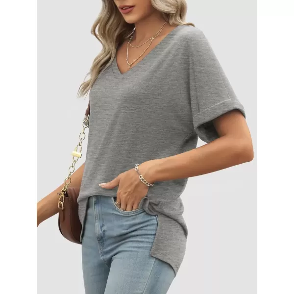 imageATHMILE Womens V Neck T Shirts Casual Rolled Short Sleeve Side Split Summer Tops Loose FitLightgrey