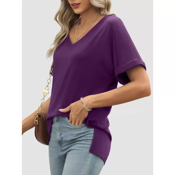 imageATHMILE Womens V Neck T Shirts Casual Rolled Short Sleeve Side Split Summer Tops Loose FitDarkpurple