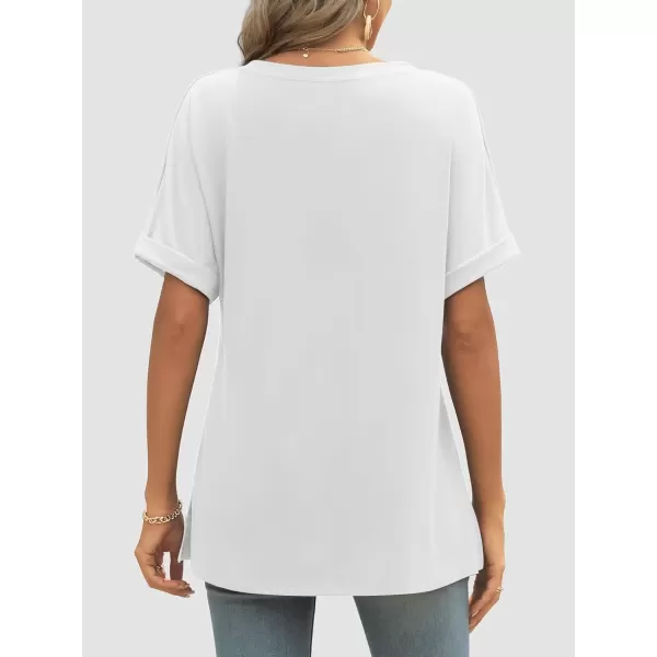 imageATHMILE Womens V Neck T Shirts Casual Rolled Short Sleeve Side Split Summer Tops Loose FitWhite