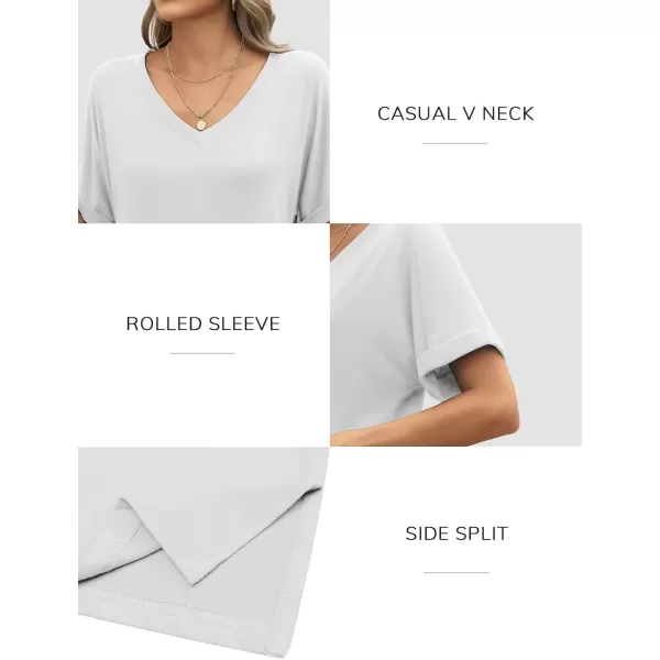 imageATHMILE Womens V Neck T Shirts Casual Rolled Short Sleeve Side Split Summer Tops Loose FitWhite