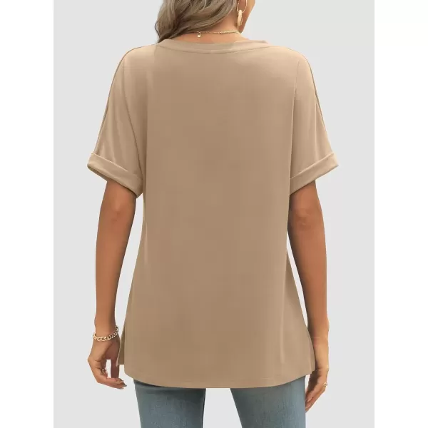 imageATHMILE Womens V Neck T Shirts Casual Rolled Short Sleeve Side Split Summer Tops Loose FitKhaki
