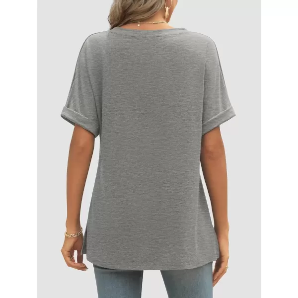 imageATHMILE Womens V Neck T Shirts Casual Rolled Short Sleeve Side Split Summer Tops Loose FitLightgrey
