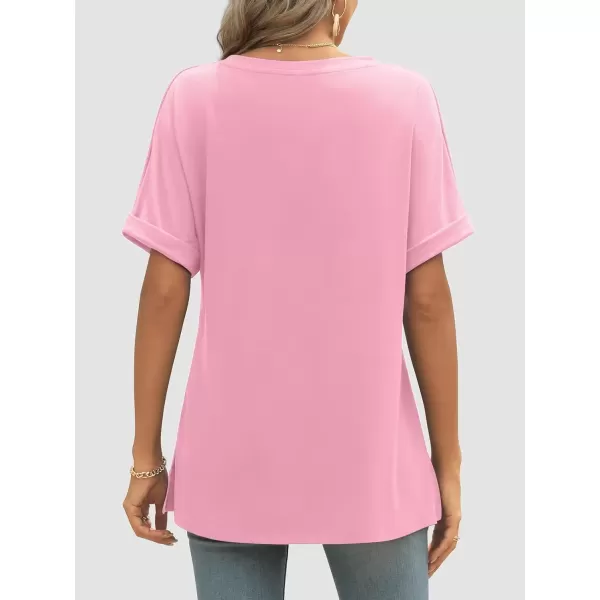 imageATHMILE Womens V Neck T Shirts Casual Rolled Short Sleeve Side Split Summer Tops Loose FitPink