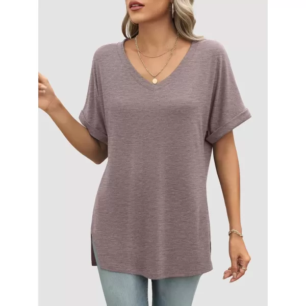 imageATHMILE Womens V Neck T Shirts Casual Rolled Short Sleeve Side Split Summer Tops Loose FitGreypurple