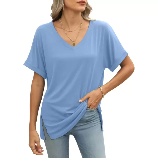imageATHMILE Womens V Neck T Shirts Casual Rolled Short Sleeve Side Split Summer Tops Loose FitBlue