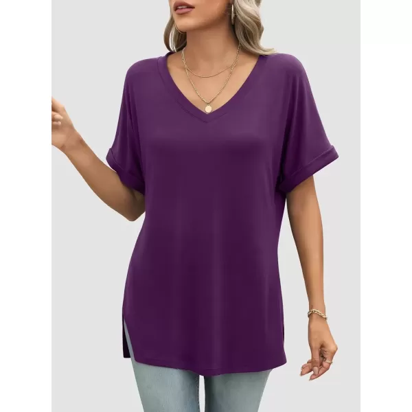 imageATHMILE Womens V Neck T Shirts Casual Rolled Short Sleeve Side Split Summer Tops Loose FitDarkpurple