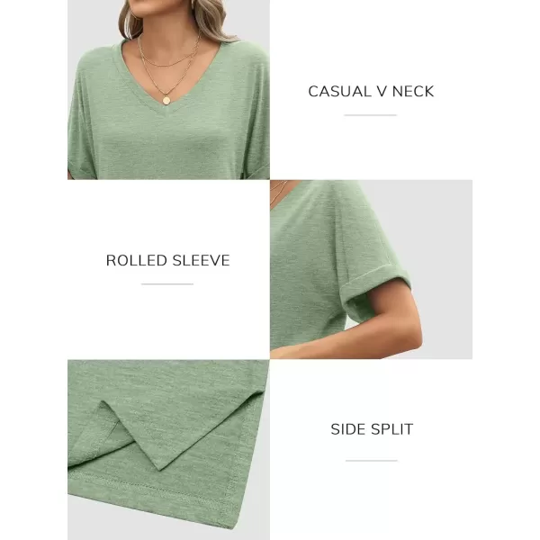 imageATHMILE Womens V Neck T Shirts Casual Rolled Short Sleeve Side Split Summer Tops Loose FitLightgreen