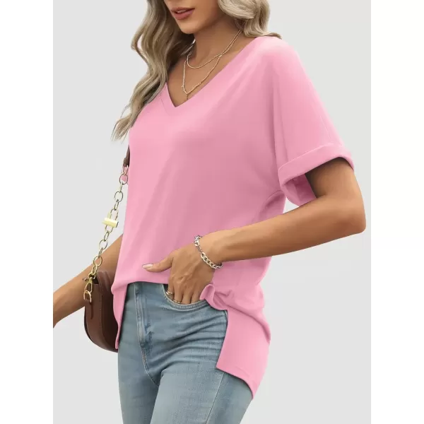 imageATHMILE Womens V Neck T Shirts Casual Rolled Short Sleeve Side Split Summer Tops Loose FitPink