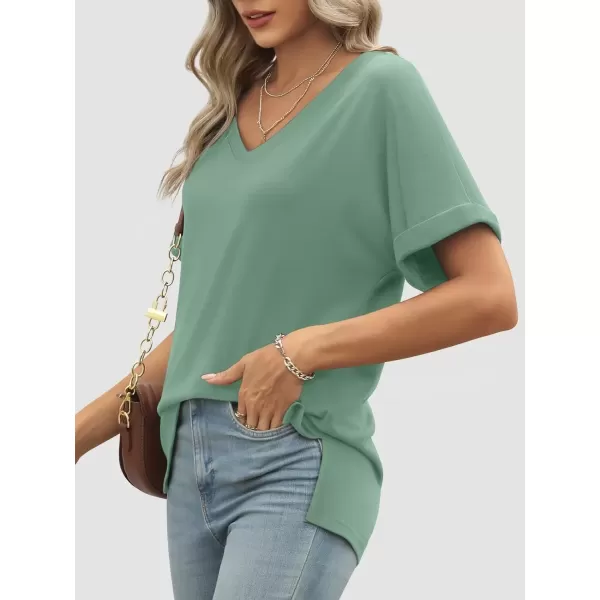 imageATHMILE Womens V Neck T Shirts Casual Rolled Short Sleeve Side Split Summer Tops Loose FitGreygreen