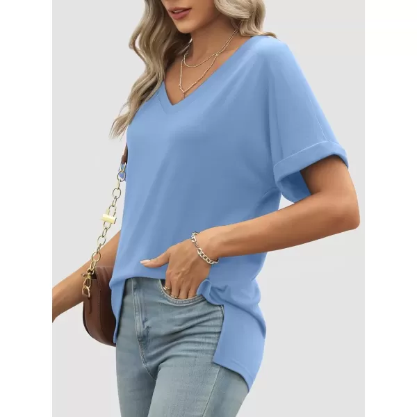 imageATHMILE Womens V Neck T Shirts Casual Rolled Short Sleeve Side Split Summer Tops Loose FitBlue