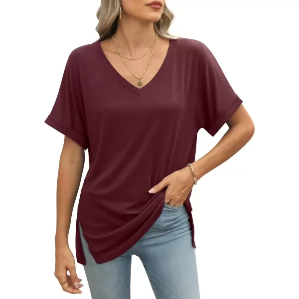 imageATHMILE Womens V Neck T Shirts Casual Rolled Short Sleeve Side Split Summer Tops Loose FitWinered